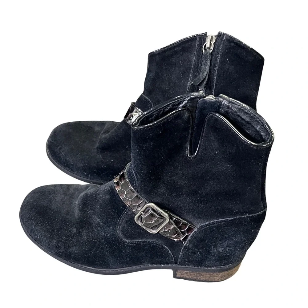 UGG Milner Ankle Boots Women's 8 Black Suede Wedge Moto Buckle‎ Side Zip Western